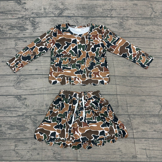 Baby Girls Long Sleeve Southern Dark Brown Camo Scallop Top Skirt Short Clothes Set Preorder