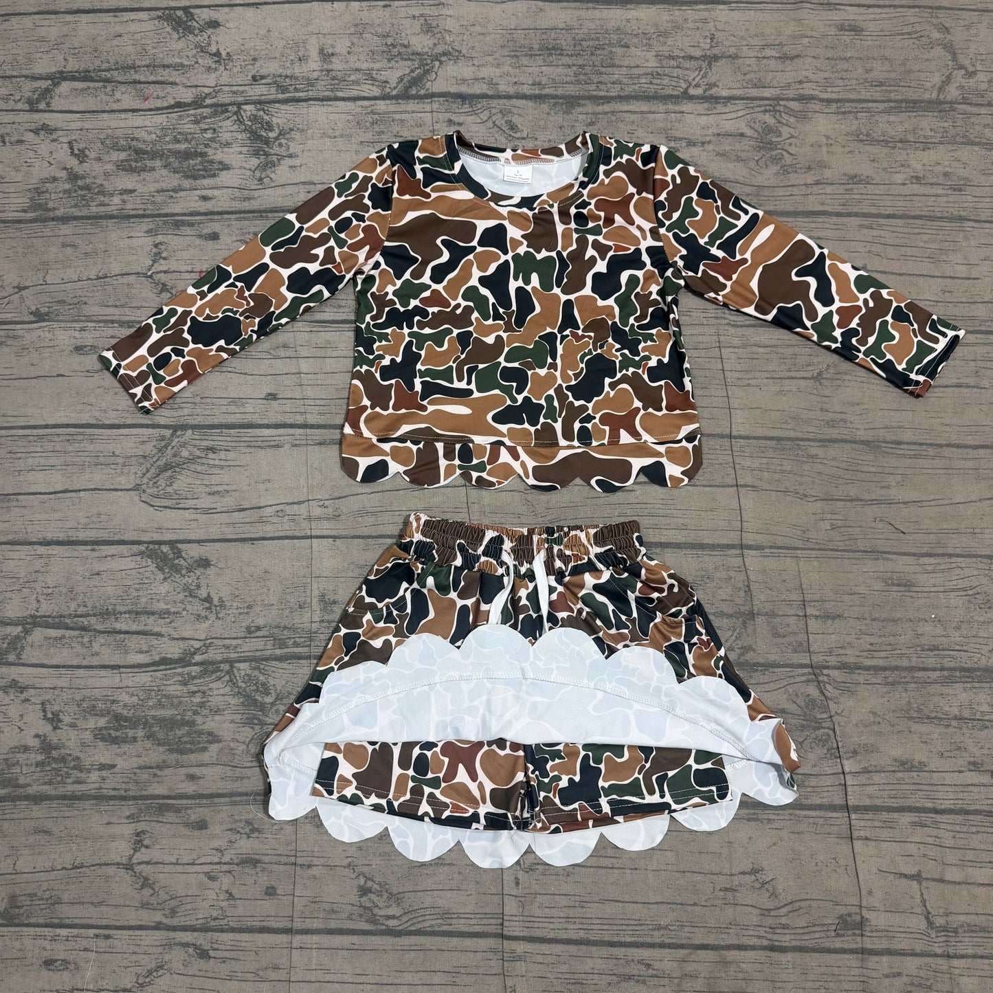 Baby Girls Long Sleeve Southern Dark Brown Camo Scallop Top Skirt Short Clothes Set Preorder