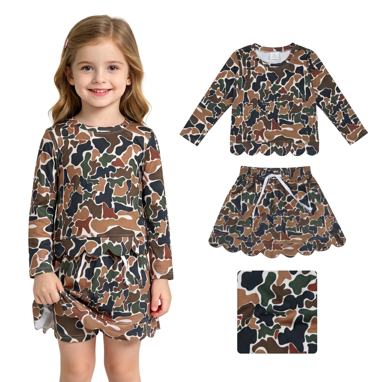 Baby Girls Long Sleeve Dark Brown Camo Top Skirt Short Scallop Clothes Set