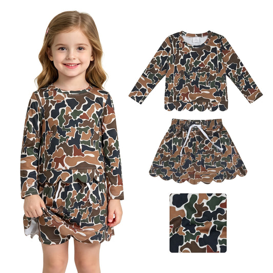 Baby Girls Long Sleeve Dark Brown Camo Top Skirt Short Scallop Clothes Set