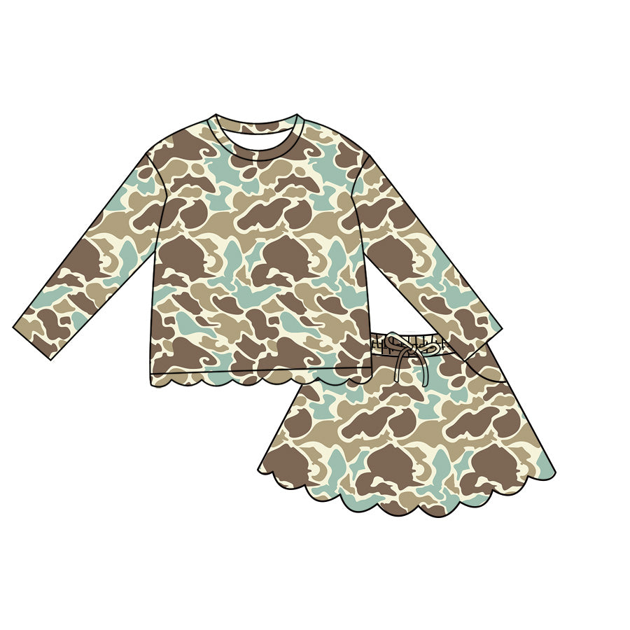 Baby Girls Long Sleeve Southern Khaki Camo Scallop Top Skirt Short Clothes Set Preorder