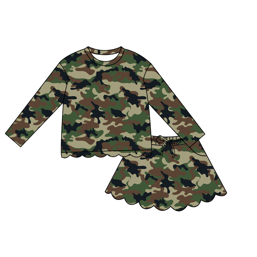 Baby Girls Long Sleeve Southern Green Camo Scallop Top Skirt Short Clothes Set Preorder