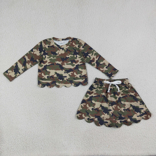 Baby Girls Long Sleeve Southern Green Camo Top Skirt Short Scallop Clothes Set