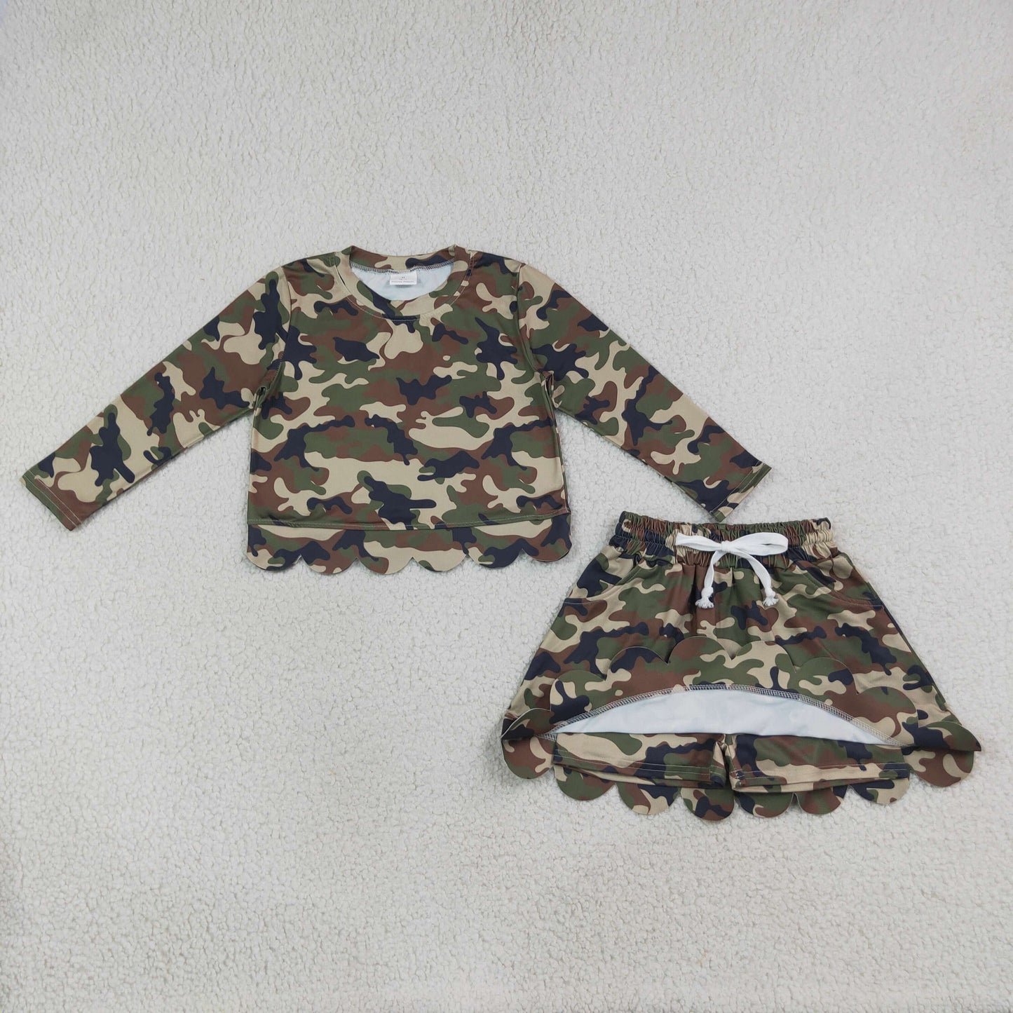 Baby Girls Long Sleeve Southern Green Camo Top Skirt Short Scallop Clothes Set
