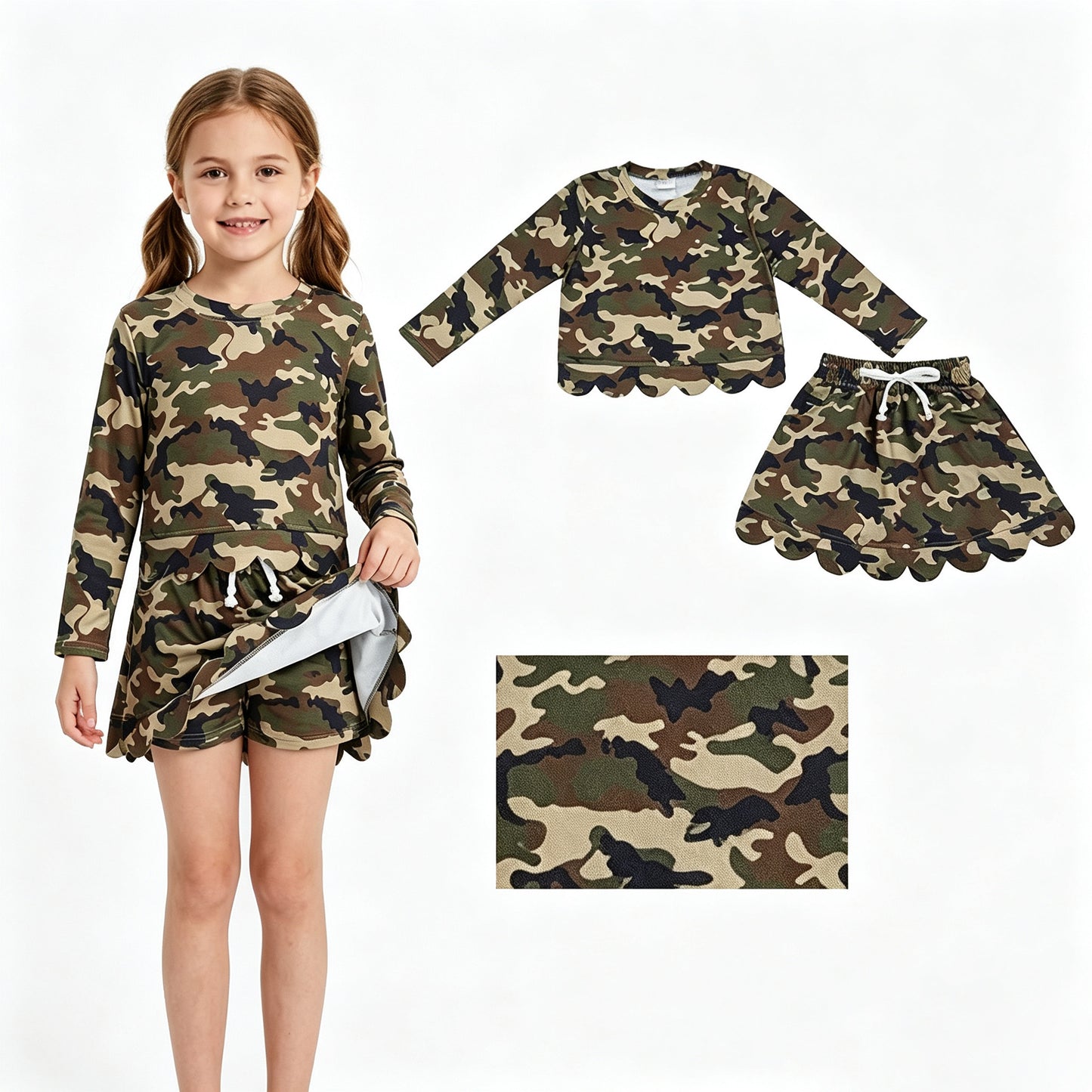 Baby Girls Long Sleeve Southern Green Camo Top Skirt Short Scallop Clothes Set