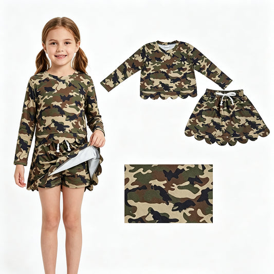 Baby Girls Long Sleeve Southern Green Camo Top Skirt Short Scallop Clothes Set