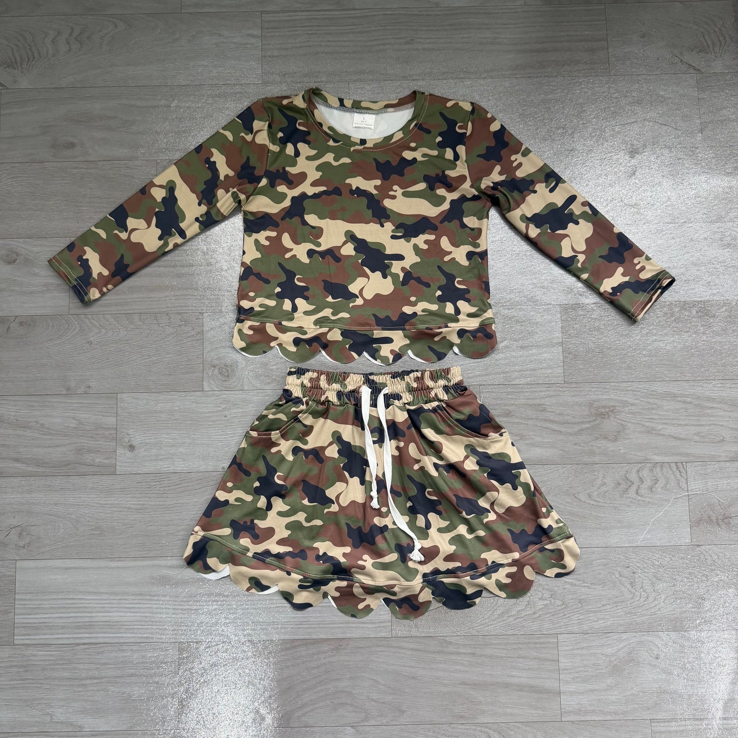 Baby Girls Long Sleeve Southern Green Camo Scallop Top Skirt Short Clothes Set Preorder
