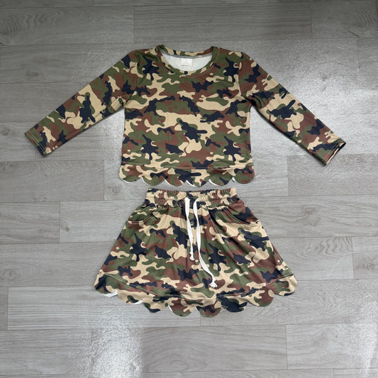 Baby Girls Long Sleeve Southern Green Camo Scallop Top Skirt Short Clothes Set Preorder