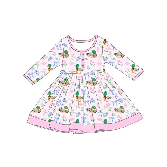 Baby Girls Long Sleeve Flowers Ducks Button Hunting Knee Length Dresses Preorder