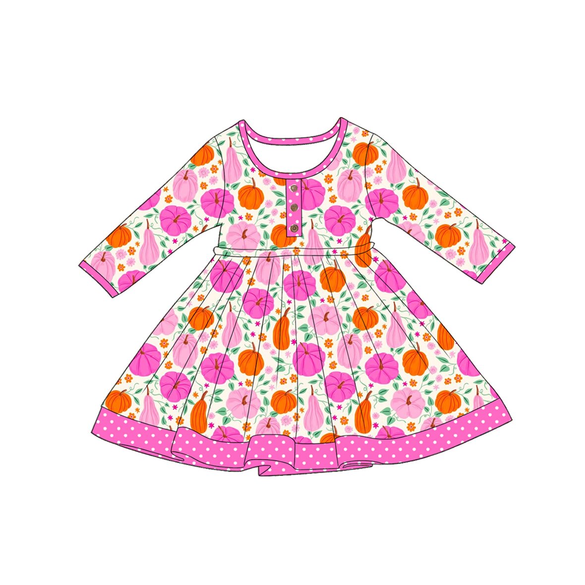 Baby Girls Long Sleeve Flowers Pumpkins Button Fall Knee Length Dresses Preorder