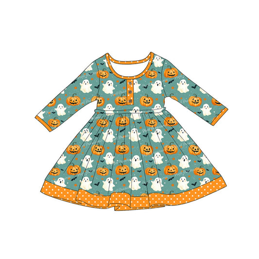 Baby Girls Long Sleeve Ghost Pumpkins Button Halloween Knee Length Dresses Preorder