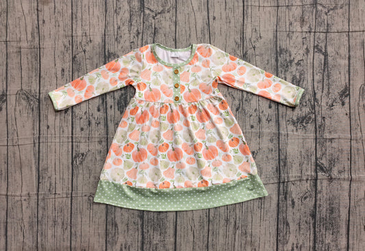 Baby Girls Long Sleeve Pumpkins Button Fall Knee Length Dresses Preorder
