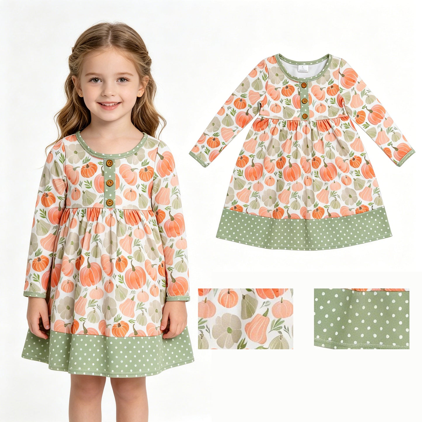 Baby Girls Long Sleeve Pumpkins Button Fall Knee Length Dresses