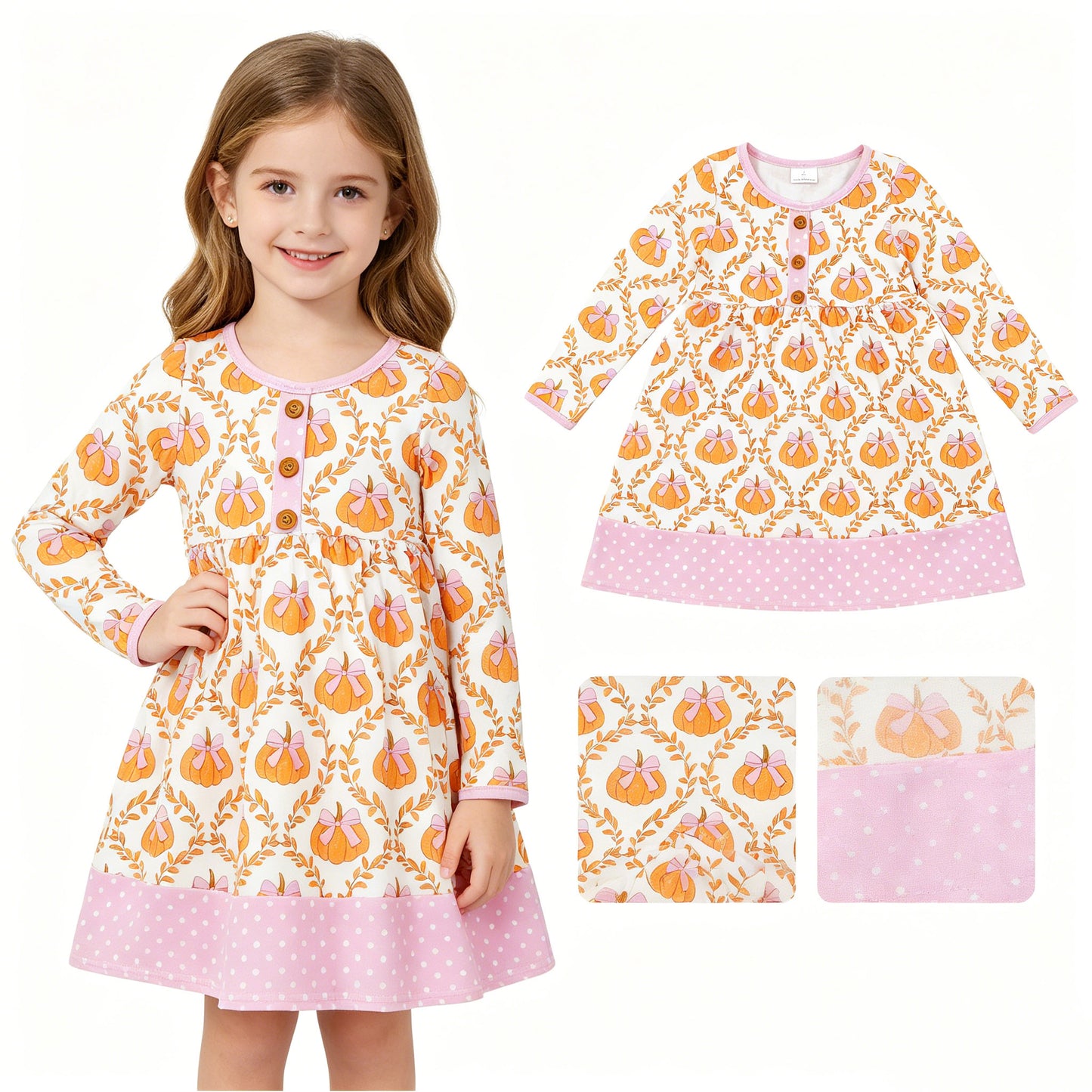 Baby Girls Flowers Pumpkins Checked Button Fall Knee Length Dresses