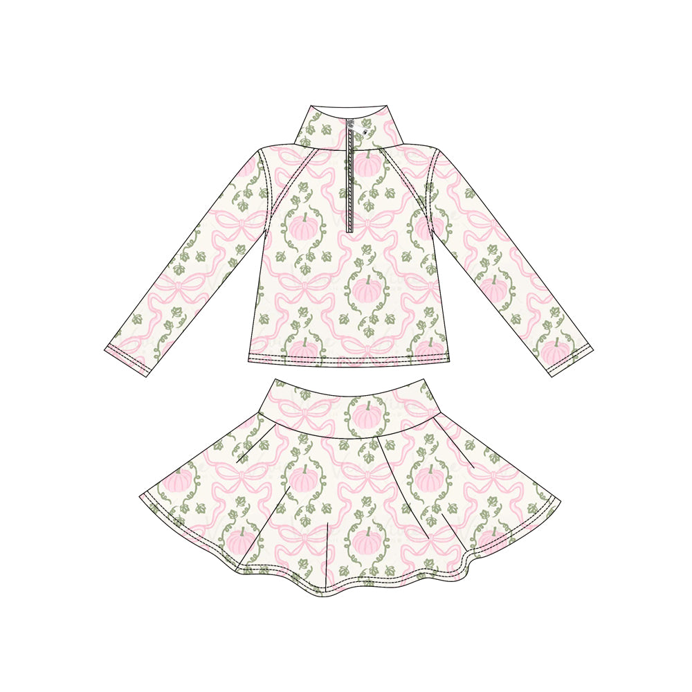Baby Girls Bows Pumpkins Zip Pullover Skirt Short Fall Yoga Active Clothes Sets Preorder