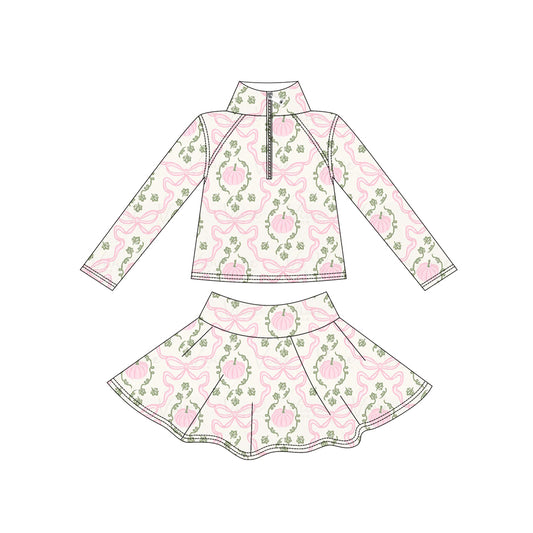 Baby Girls Bows Pumpkins Zip Pullover Skirt Short Fall Yoga Active Clothes Sets Preorder