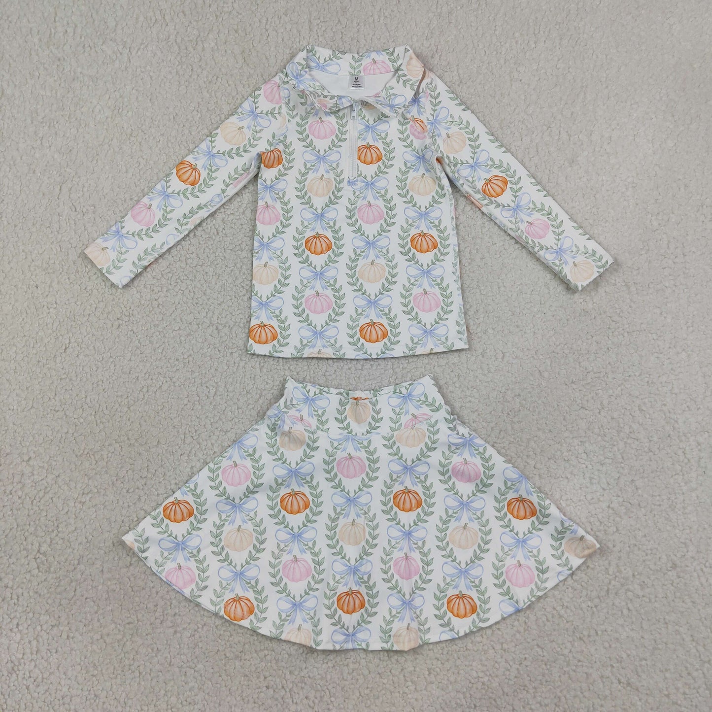 Baby Girls Pumpkins Bows Zip Pullover Skirt Short Fall Yoga Active Clothes Sets