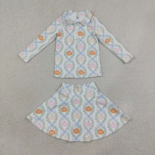 Baby Girls Pumpkins Bows Zip Pullover Skirt Short Fall Yoga Active Clothes Sets