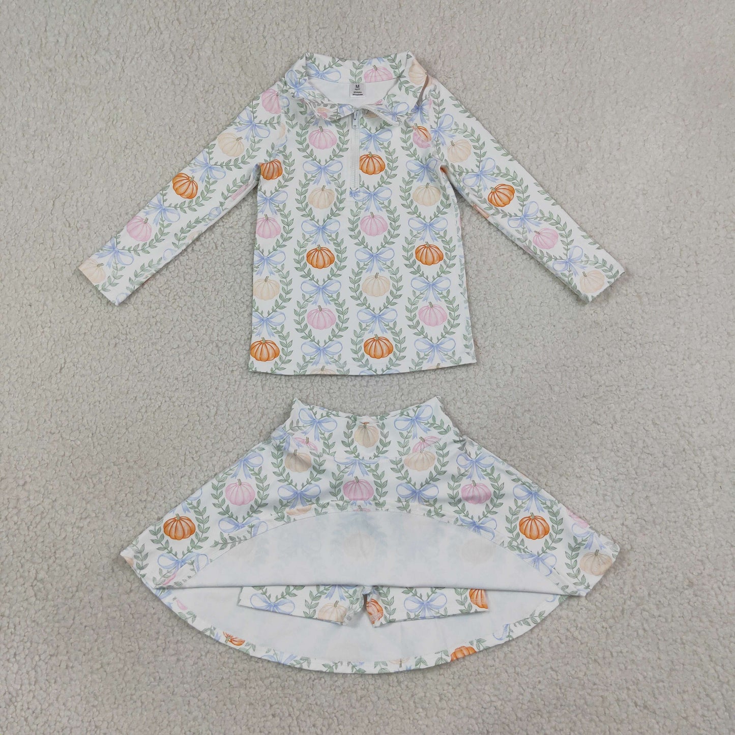 Baby Girls Pumpkins Bows Zip Pullover Skirt Short Fall Yoga Active Clothes Sets