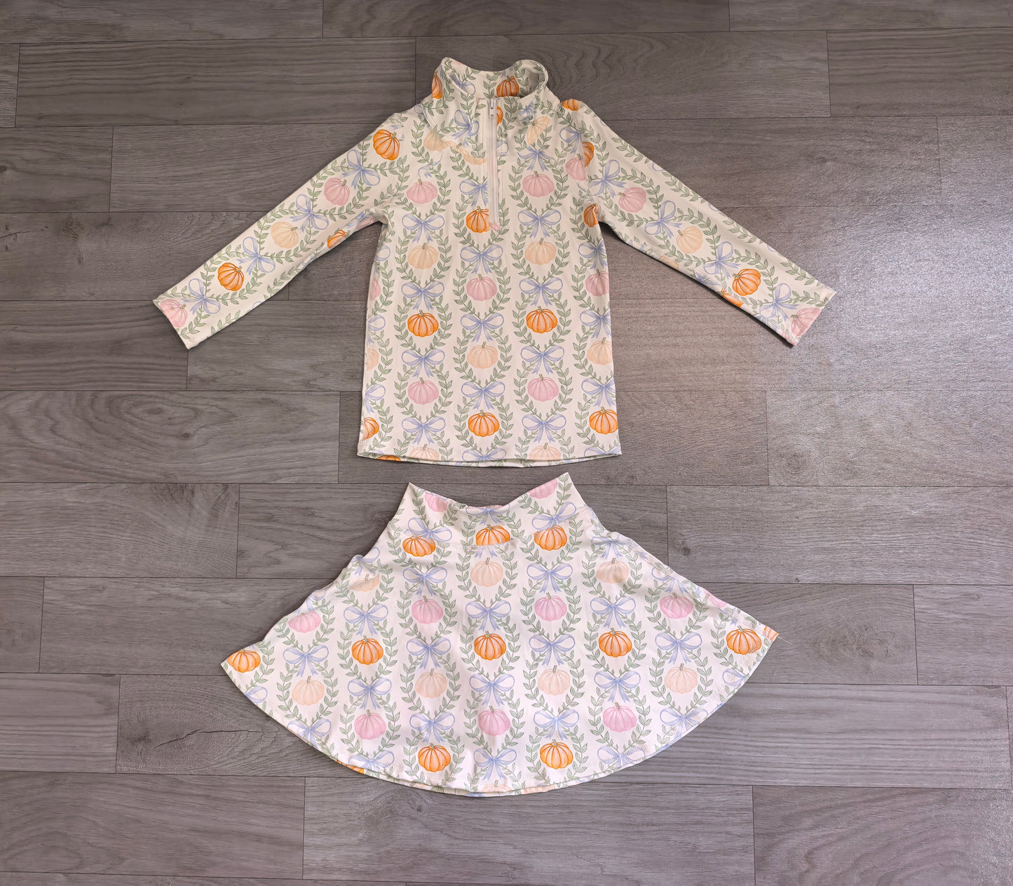 Baby Girls Colorful Pumpkins Bows Zip Pullover Skirt Short Fall Yoga Active Clothes Sets Preorder