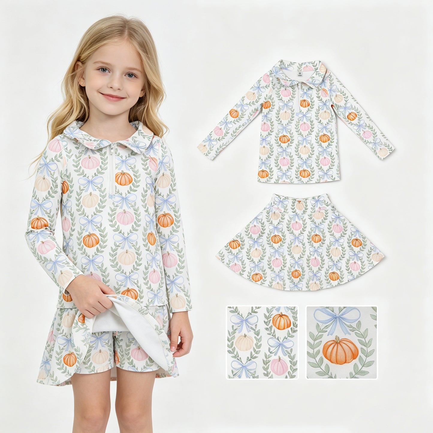 Baby Girls Pumpkins Bows Zip Pullover Skirt Short Fall Yoga Active Clothes Sets