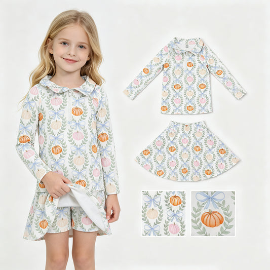 Baby Girls Pumpkins Bows Zip Pullover Skirt Short Fall Yoga Active Clothes Sets