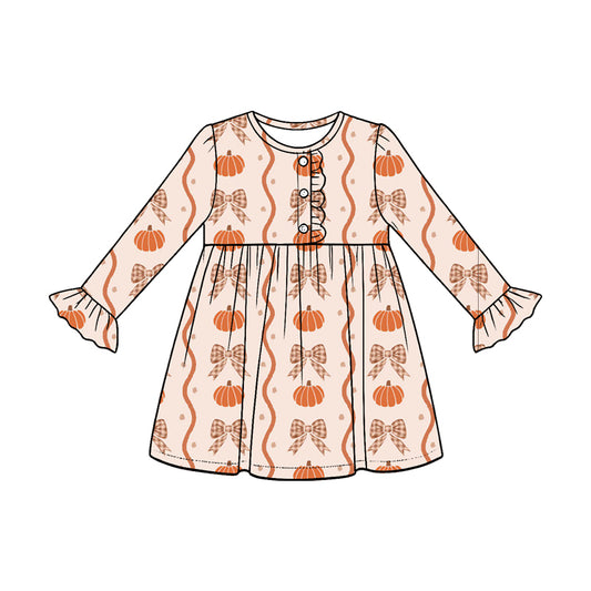 Baby Girls Bows Pumpkins Stripe Button Fall Knee Length Dresses Preorder