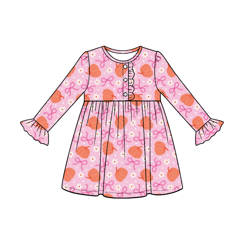 Baby Girls Pumpkins Bows Flowers Button Fall Knee Length Dresses Preorder