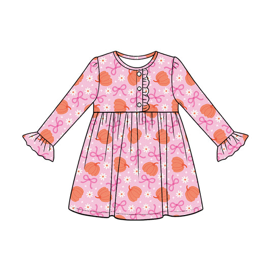Baby Girls Pumpkins Bows Flowers Button Fall Knee Length Dresses Preorder