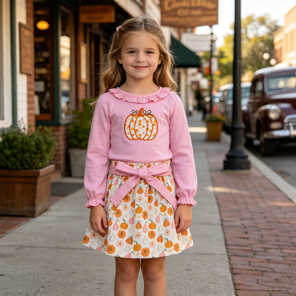Embroidery Pumpkins Baby Girls Collar Tunic Bows Skirt Fall Clothes Sets