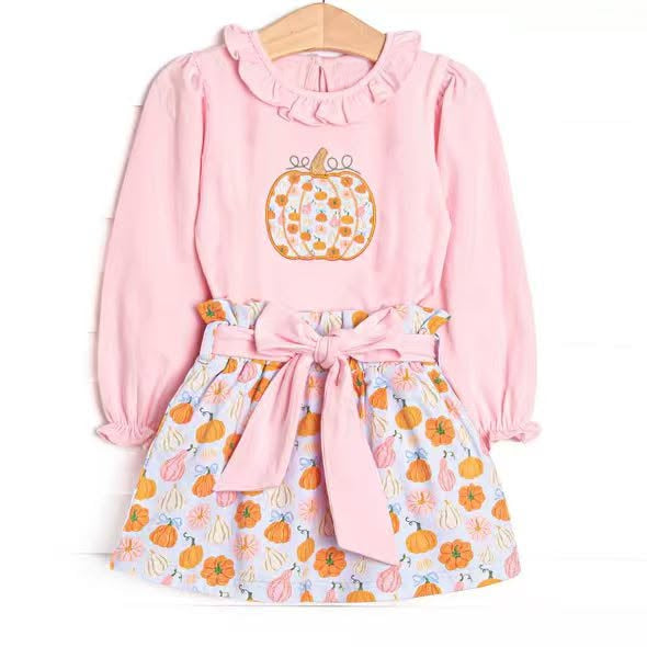 Preorder moq 5 Baby Girls Long Ruffle Sleeve Pumpkins Top Skirt Short Fall Clothes Sets