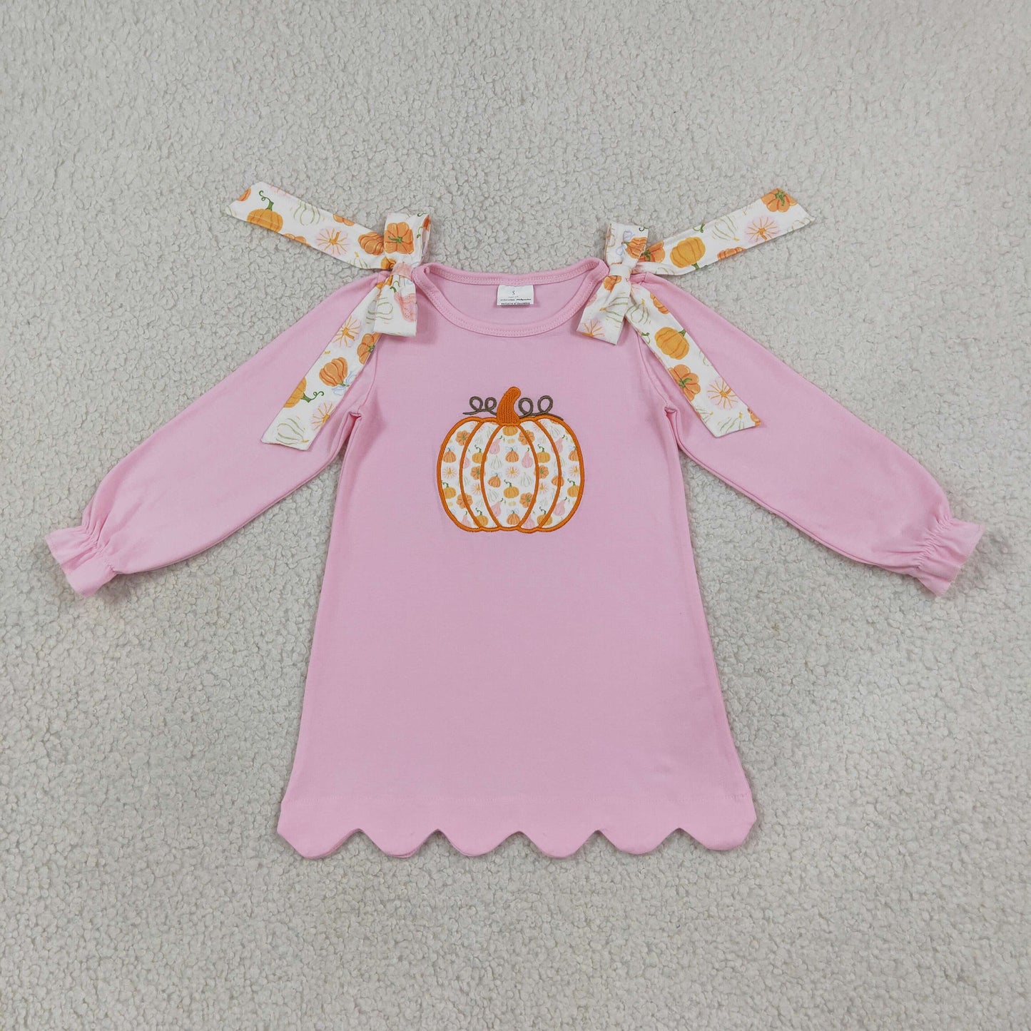 Embroidery Pumpkins Baby Girls Pink Fall Scallop Knee Length Dresses