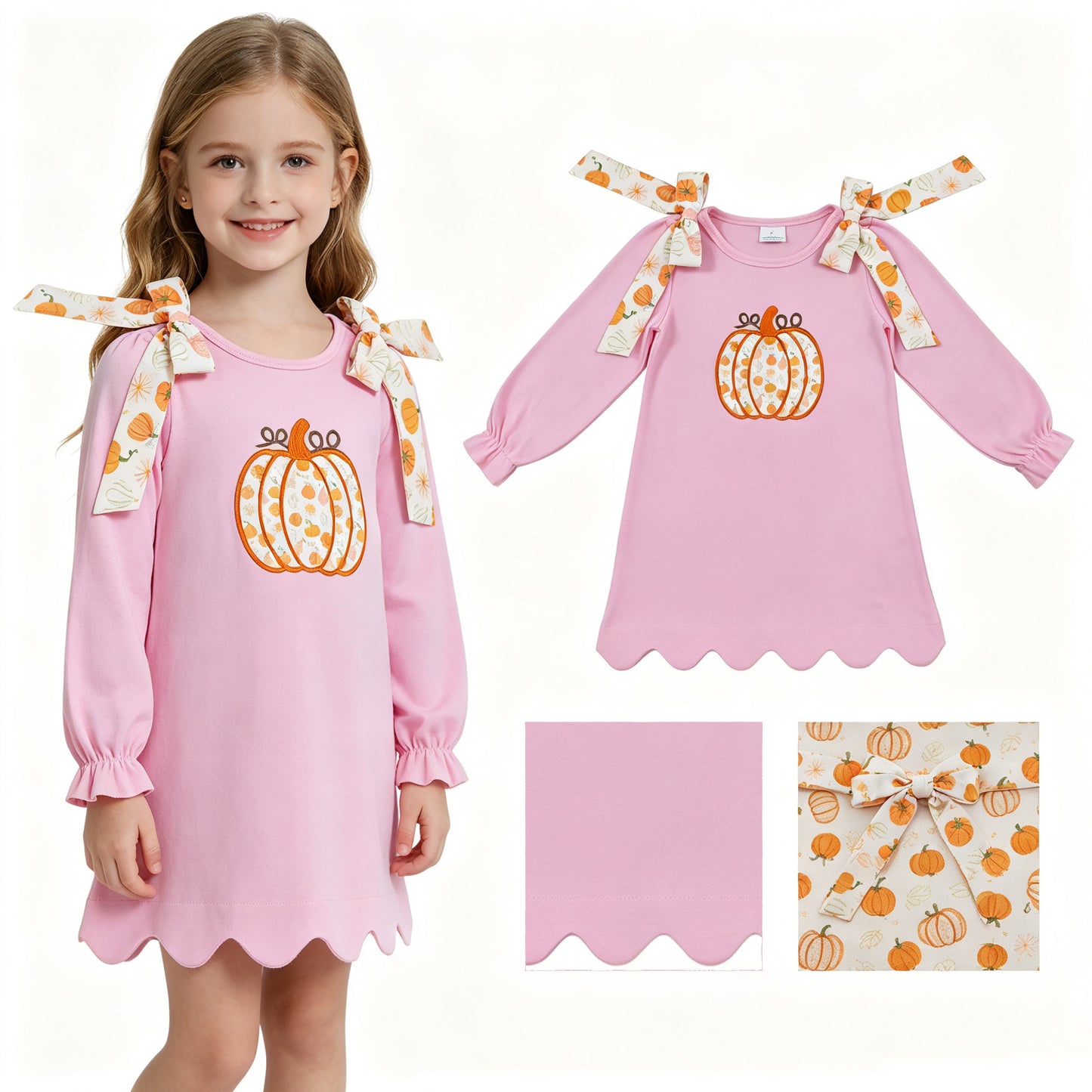 Embroidery Pumpkins Baby Girls Pink Fall Scallop Knee Length Dresses