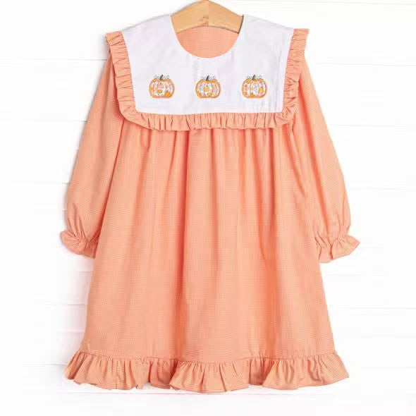 Preorder moq 5 Baby Girls Long Ruffle Sleeve Pumpkins Fall Ruffle Knee Length Dresses