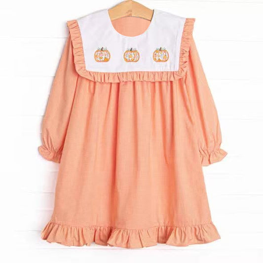 Preorder moq 5 Baby Girls Long Ruffle Sleeve Pumpkins Fall Ruffle Knee Length Dresses