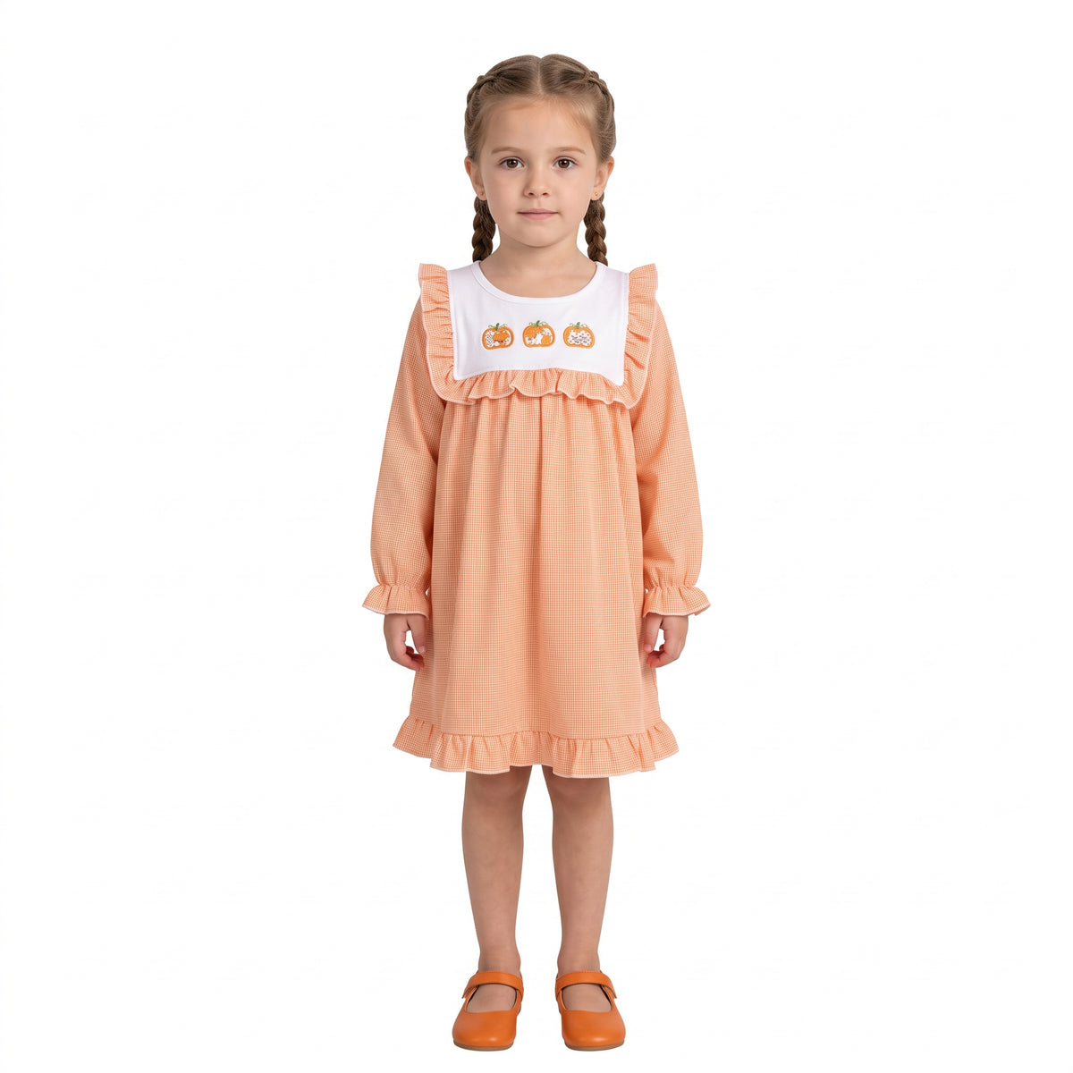 Embroidery Pumpkins Baby Girls Fall Ruffle Knee Length Dresses