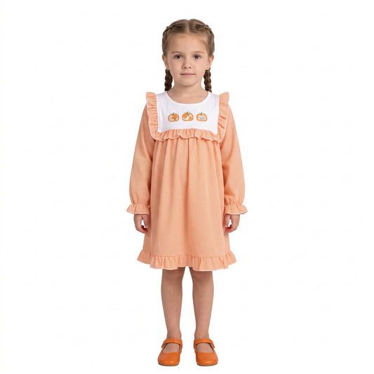 Embroidery Pumpkins Baby Girls Fall Ruffle Knee Length Dresses