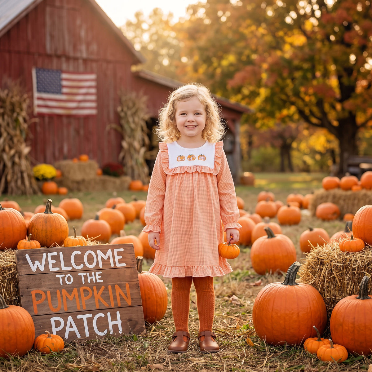 Embroidery Pumpkins Baby Girls Fall Ruffle Knee Length Dresses