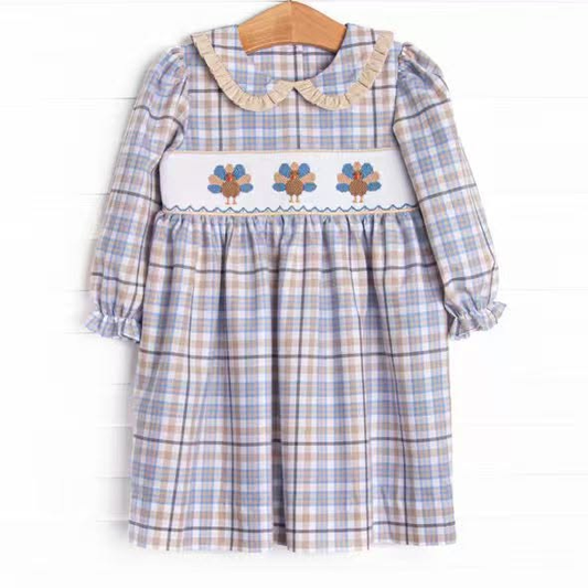 Preorder moq 5 Baby Girls Long Ruffle Sleeve Turkey Thanksgiving Checked Knee Length Dress