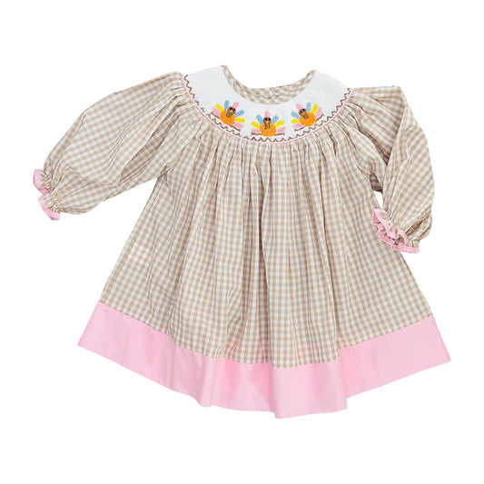 Preorder moq 5 Baby Girls Long Ruffle Sleeve Turkey Thanksgiving Checked Knee Length Dress