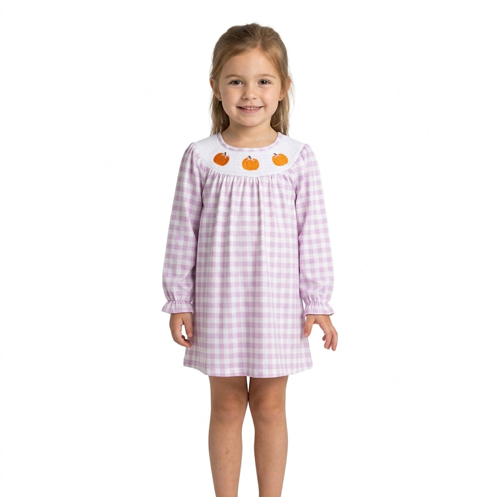 Smocked Pumpkins Baby Girls Pink Checked Fall Knee Length Dresses
