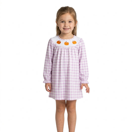 Smocked Pumpkins Baby Girls Pink Checked Fall Knee Length Dresses