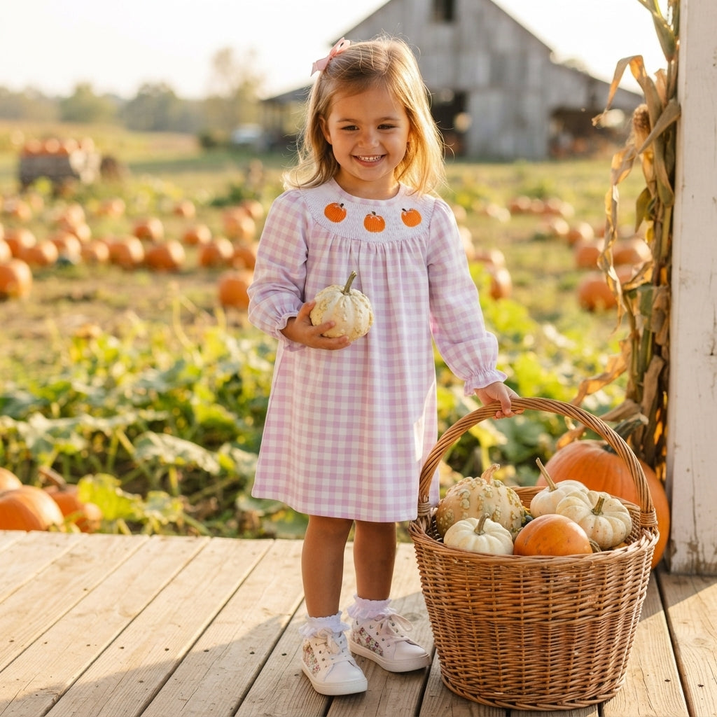 Smocked Pumpkins Baby Girls Pink Checked Fall Knee Length Dresses