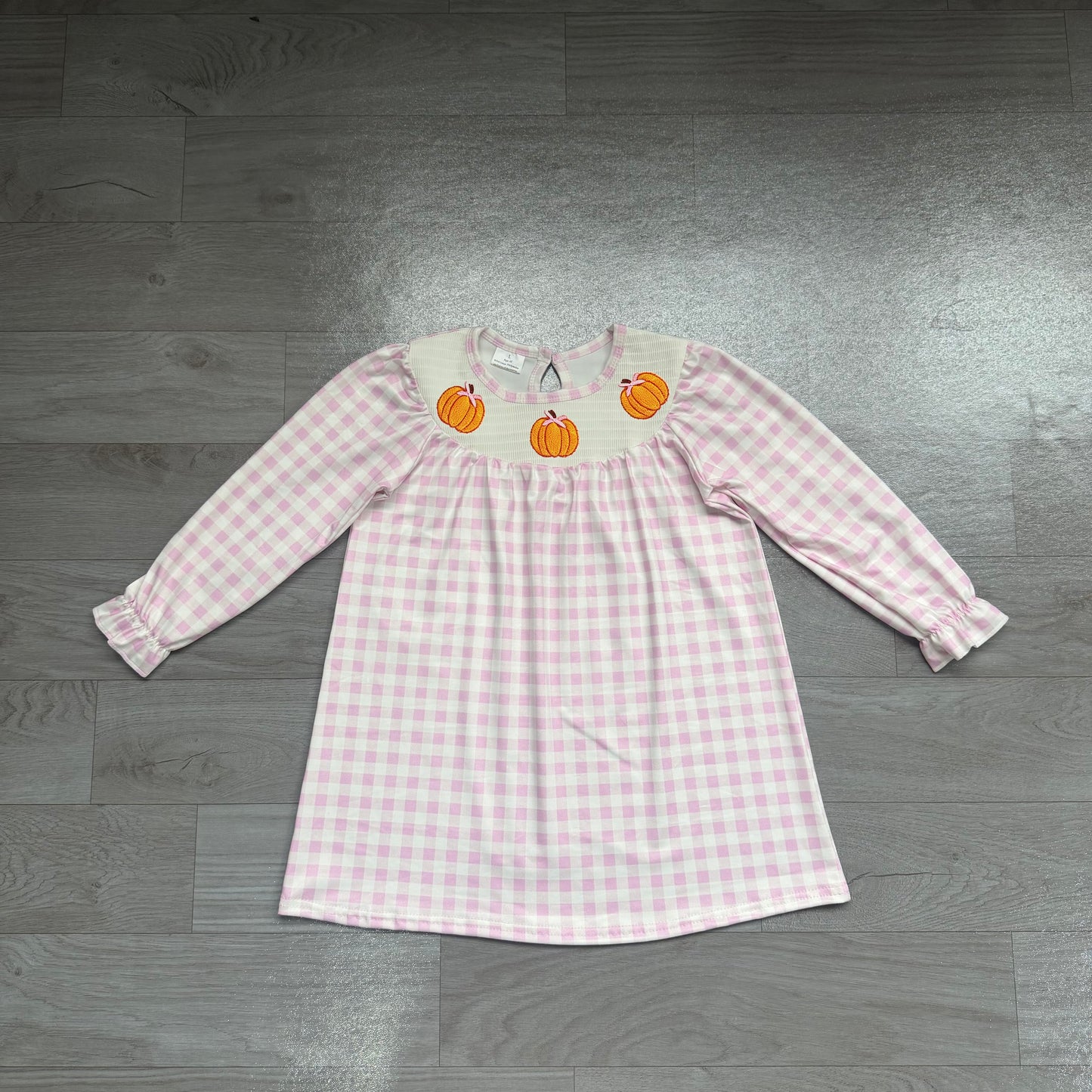 Smocked Pumpkins Baby Girls Pink Checked Fall Knee Length Dresses Preorder