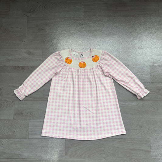 Smocked Pumpkins Baby Girls Pink Checked Fall Knee Length Dresses Preorder