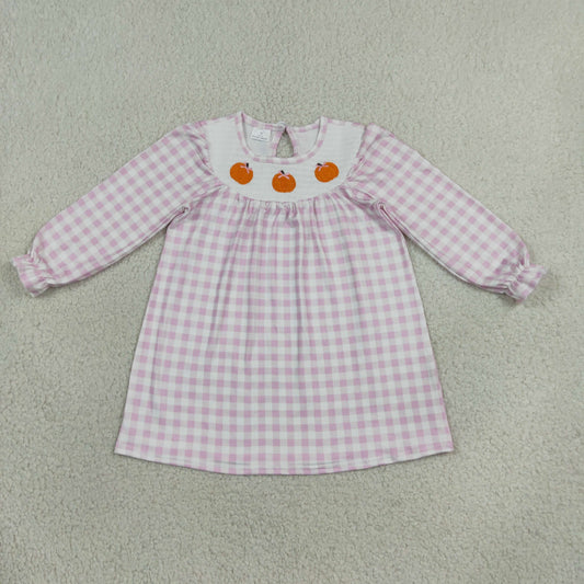 Sibling Smocked Bows Pumpkins Pink Checked Fall Knee Length Dress Ruffle Rompers