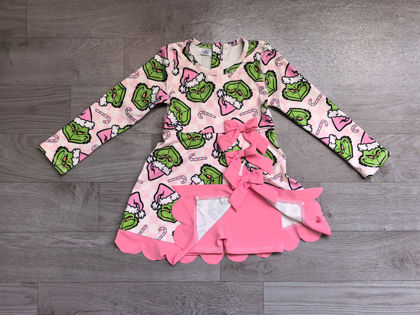 Baby Girls Green Frogs Candy Cane Christmas Yoga Active Short Bows Scallop Dress Preorder
