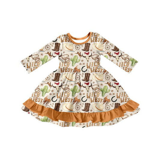 Preorder moq 5 Baby Girls Wild West Bull Skulls Cactus Western Ruffle Knee Length Dress