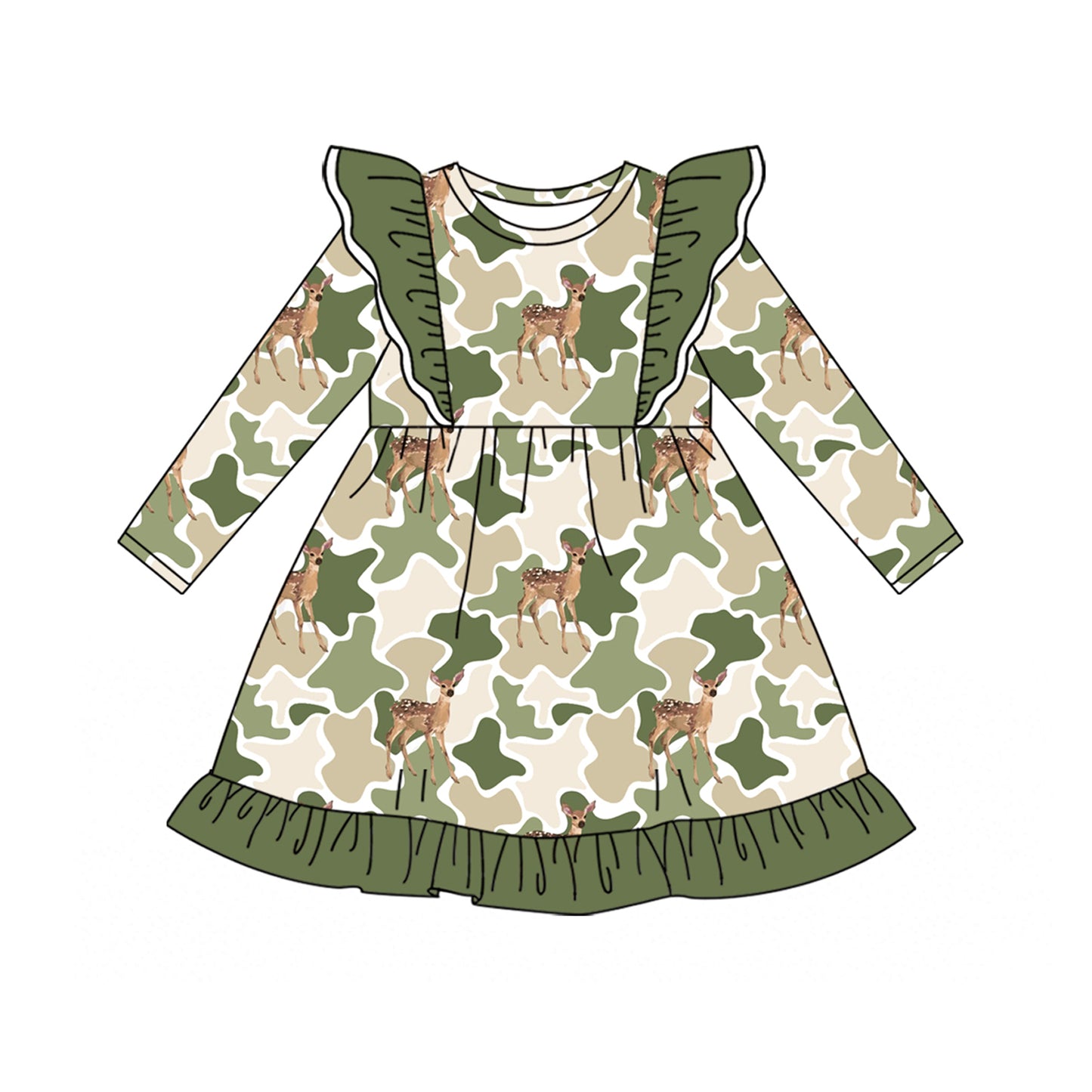 Preorder moq 5 Baby Girls Flutter Sleeve Green Camo Deer Hunting Ruffle Knee Length Dresses