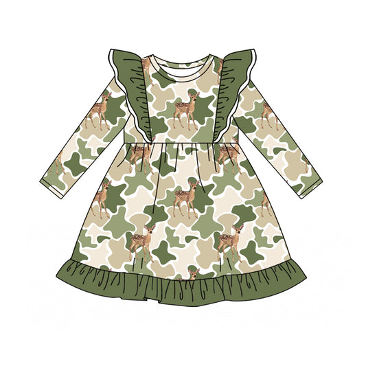 Preorder moq 5 Baby Girls Flutter Sleeve Green Camo Deer Hunting Ruffle Knee Length Dresses